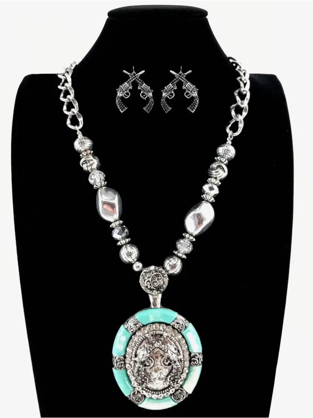 Silver-Tone Turquoise Pendant Necklace Set - Women Jewelry